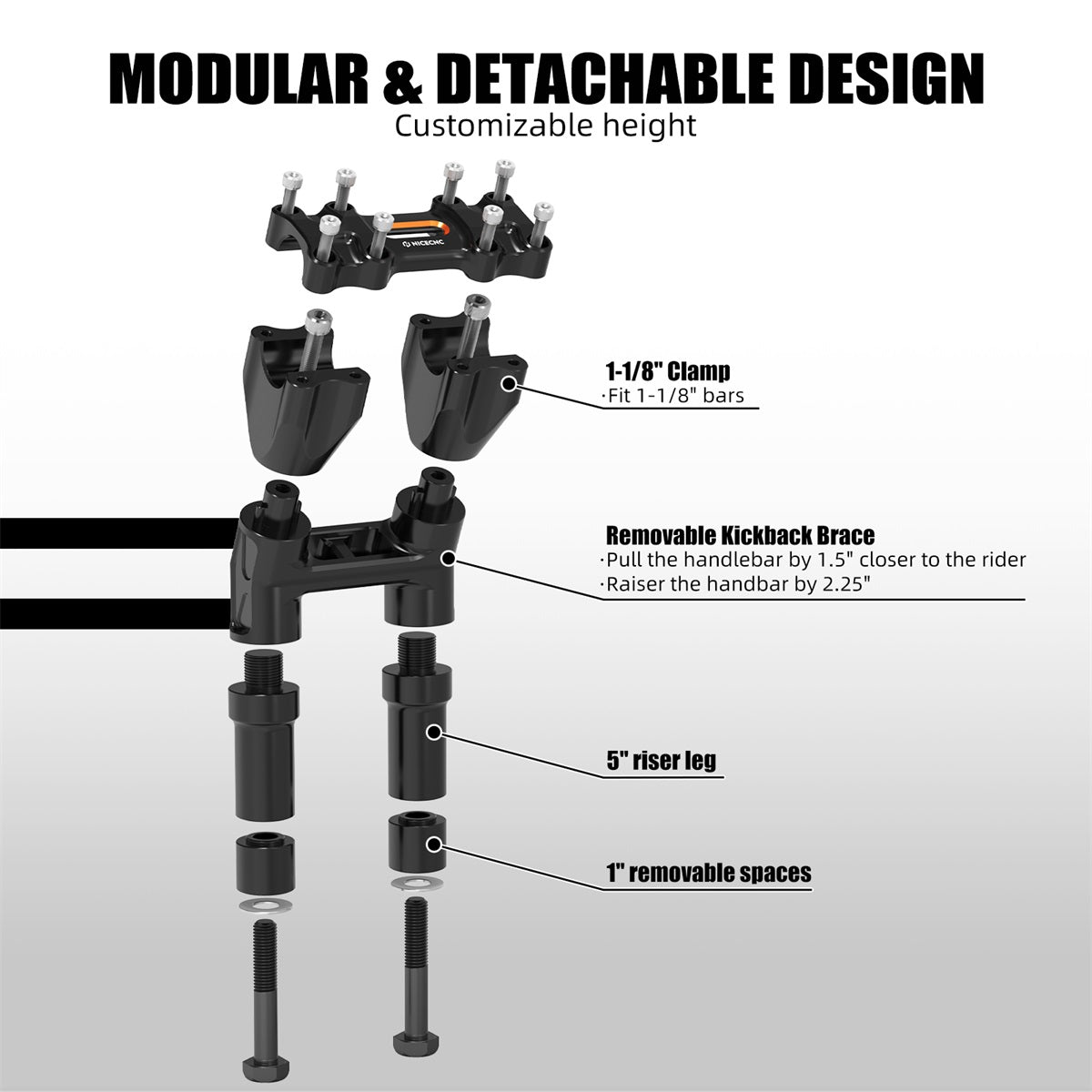 Modular Kickback Isolated Handlebar Riser 8"/ 7"/6"/5", Backward 1.5" For Harley 1-1/8" Fat Bar