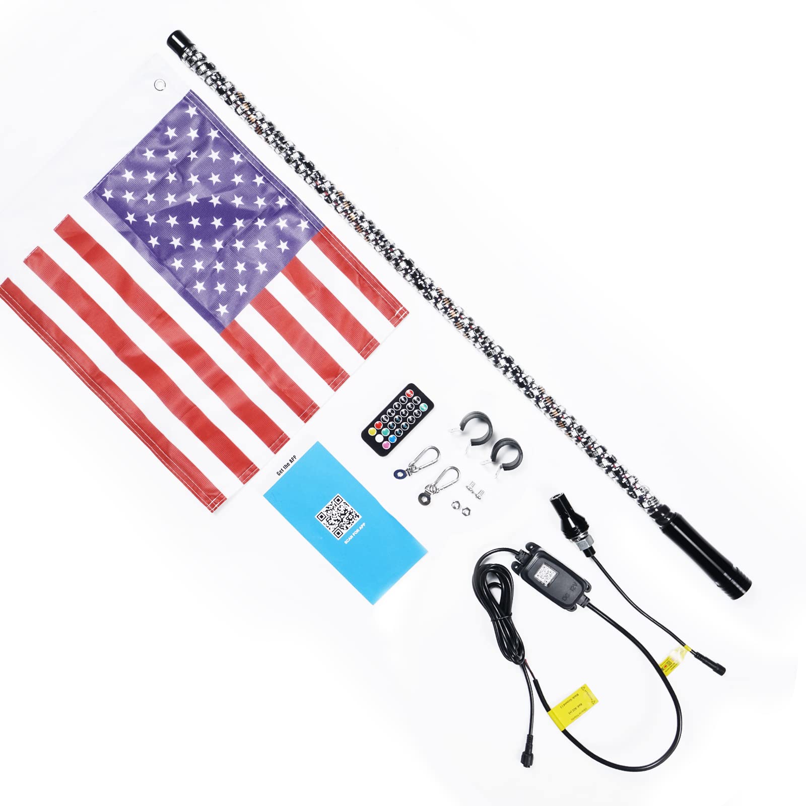 RGB LED Spiral Whip Lights Flag Pole Lamp For UTV ATV APP Remote