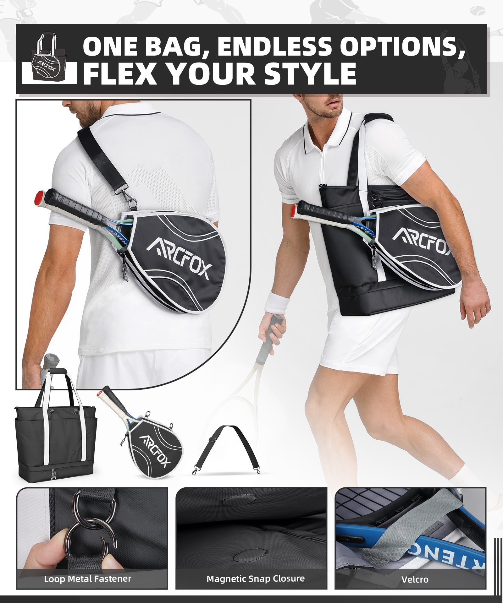 ARCFOX Tennis Tote Bag Tennis Racket Shoulder Bag Multifunction Large Capacity