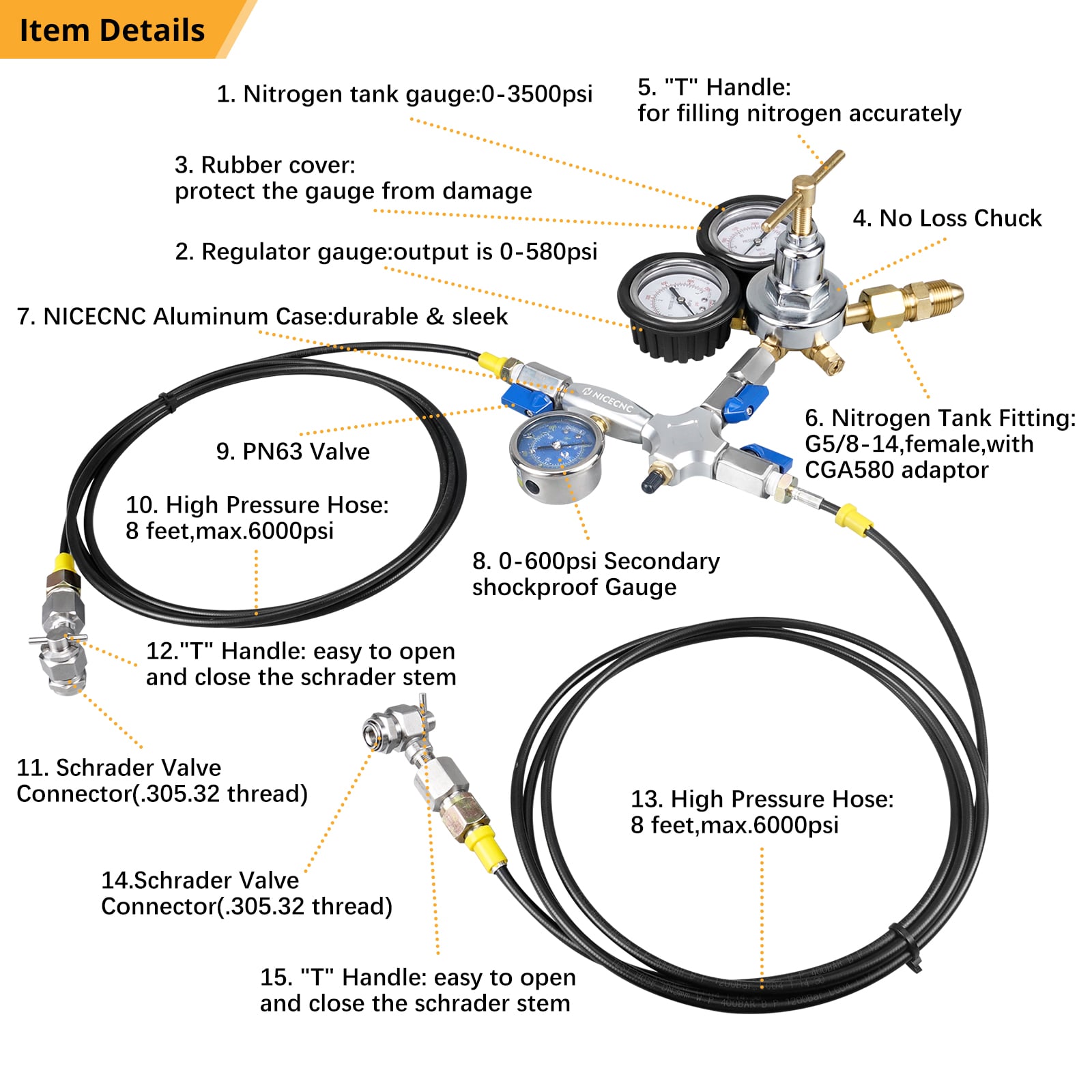 Universal Motorcycle ATV UTV Dual Hose Nitrogen Shock Regulator Fill Tool