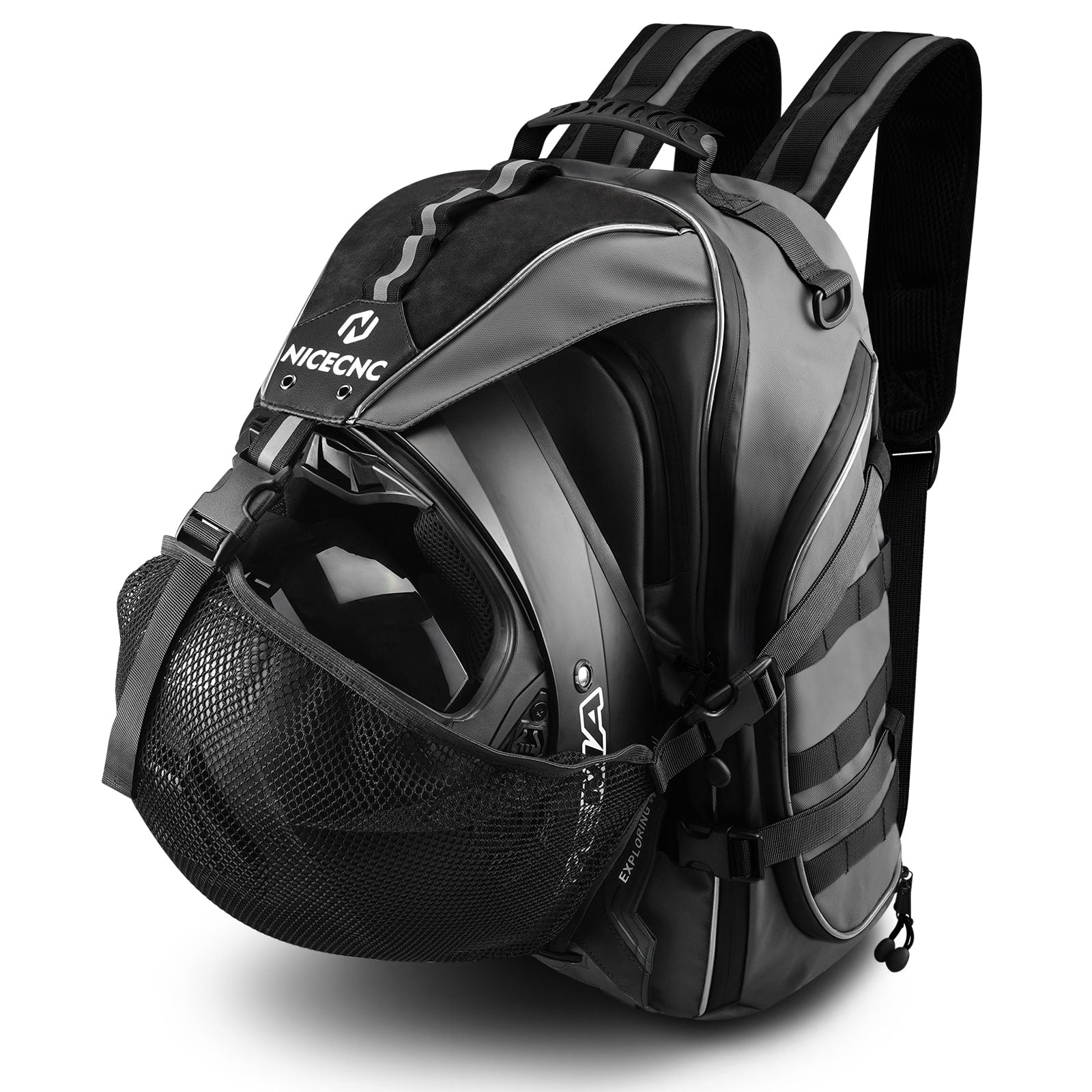 Motorcycle backpack with helmet clearance carrier